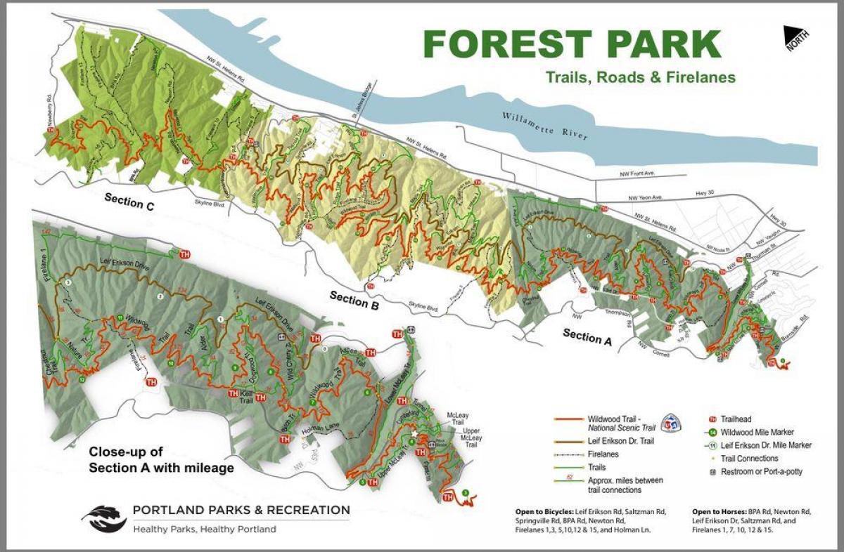 Le Parc de forêt de Portland carte des sentiers